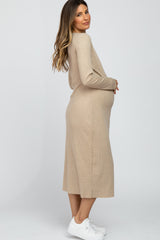 Beige Ribbed Button Front Midi Cardigan Maternity Dress