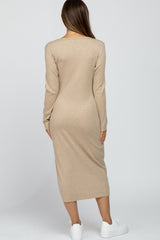 Beige Ribbed Button Front Midi Cardigan Maternity Dress