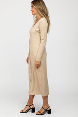 Beige Ribbed Button Front Midi Cardigan Dress