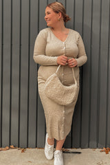 Beige Ribbed Button Front Midi Cardigan Dress