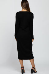 Black Ribbed Button Front Midi Cardigan Maternity Dress