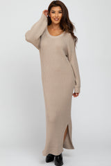 Beige Side Slit Maxi Sweater Dress