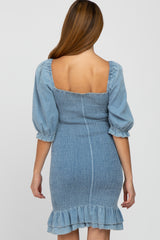 Light Blue Square Neck Smocked Denim Maternity Dress