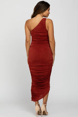 Rust One Shoulder Ruched Side Maternity Midi Dress