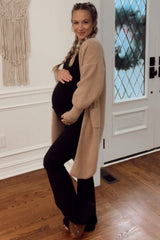 Taupe Bubble Sleeve Long Maternity Cardigan