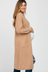 Taupe Bubble Sleeve Long Maternity Cardigan