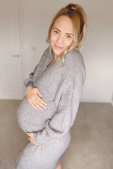 Heather Grey Bubble Sleeve Long Maternity Cardigan