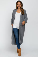 Heather Grey Bubble Sleeve Long Maternity Cardigan