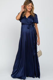 Navy Side Slit Satin Maternity Maxi Dress