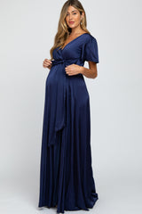Navy Side Slit Satin Maternity Maxi Dress