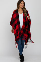 Red Plaid Fringe Maternity Poncho