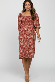 Rust Floral Square Neck Smocked Maternity Midi Dress