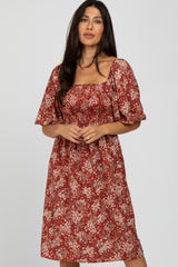 Rust Floral Square Neck Smocked Maternity Midi Dress