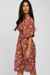 Rust Floral Square Neck Smocked Midi Dress