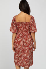 Rust Floral Square Neck Smocked Midi Dress