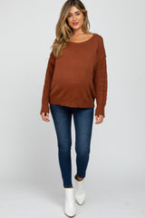 Camel Knit Braided Sleeve Maternity Sweater