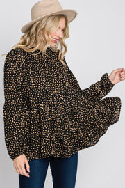 Black Animal Print Mock Neck Tiered Top