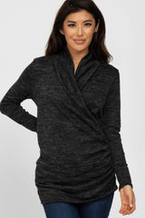 Black Soft Heathered Draped Wrap Maternity/Nursing Top