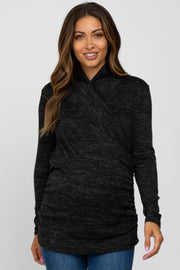 Black Soft Heathered Draped Wrap Maternity/Nursing Top