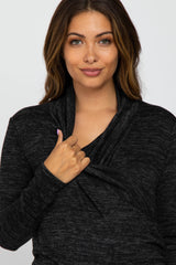 Black Soft Heathered Draped Wrap Maternity/Nursing Top