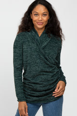 Green Soft Heathered Draped Wrap Maternity/Nursing Top