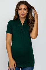 Forest Green Solid Short Sleeve Wrap Front Maternity/Nursing Top