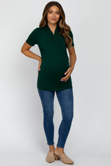 Forest Green Solid Short Sleeve Wrap Front Maternity/Nursing Top