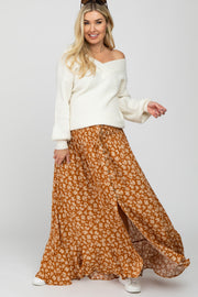 Rust Floral Smocked Drawstring Waist Slit Maternity Maxi Skirt