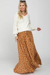 Rust Floral Smocked Drawstring Waist Slit Maternity Maxi Skirt