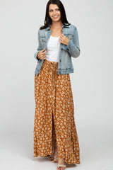 Rust Floral Smocked Drawstring Waist Slit Maxi Skirt