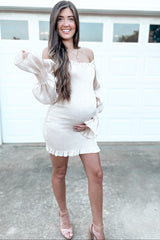 Beige Metallic Smocked Ruffle Accent Maternity Fitted Dress