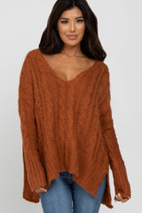 Camel V-Neck Side Slit Cable Knit Sweater