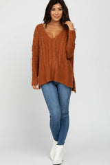 Camel V-Neck Side Slit Cable Knit Sweater