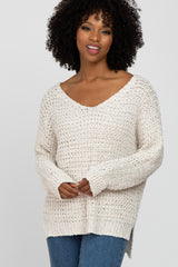 Ivory V-Neck Side Slit Thick Knit Sweater