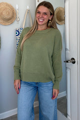 Light Olive Exposed Seam Side Slit Sweater