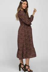 Burgundy Floral Long Sleeve Smocked Maternity Midi Dress