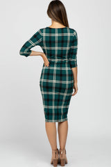 Forest Green Plaid 3/4 Sleeve Ruched Maternity Dress