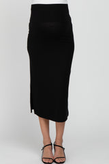 Black Solid Side Slit Maternity Midi Skirt