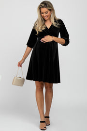 Black Velvet Wrap Front Babydoll Maternity Dress