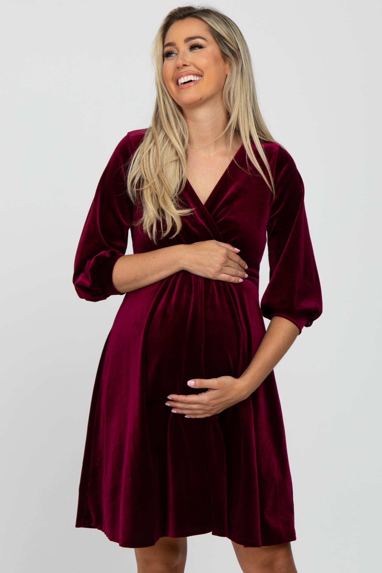 Burgundy Velvet Wrap Front Babydoll Maternity Dress PinkBlush