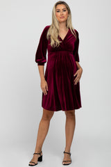 Burgundy Velvet Wrap Front Babydoll Maternity Dress