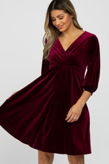 Burgundy Velvet Wrap Front Babydoll Maternity Dress