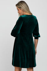 Green Velvet Wrap Front Babydoll Maternity Dress