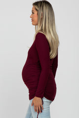 Burgundy Ribbed Ruched Tie Maternity Top