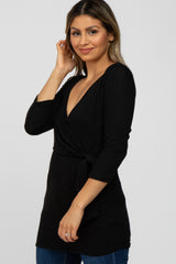 Black Brushed Knit Wrap Top