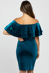 Teal Velvet Off Shoulder Fitted Maternity Dress