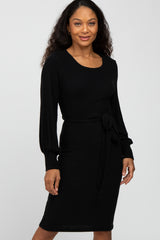 Black Soft Brushed Waist Tie Bubble Sleeve Maternity Dress