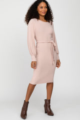 Pink Soft Brushed Waist Tie Bubble Sleeve Maternity Dress