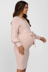 Pink Soft Brushed Waist Tie Bubble Sleeve Maternity Dress