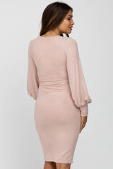 Pink Soft Brushed Waist Tie Bubble Sleeve Maternity Dress